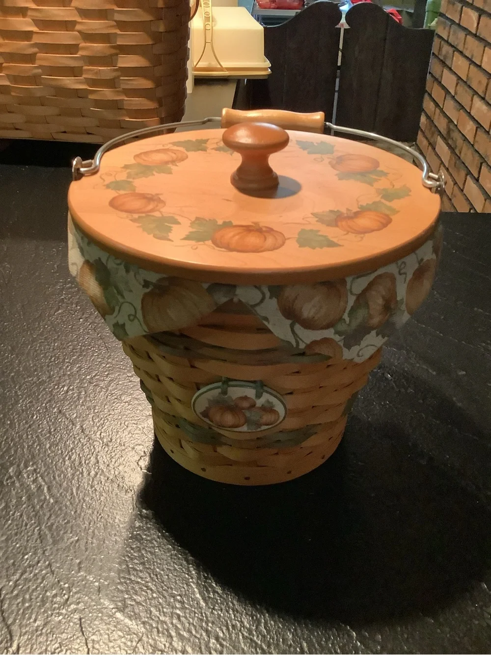 Longaberger Pumpkin Woven Basket with Painted Lid, liner, protector and charm.